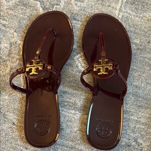Tory Burch Mini Miller Flat Thong -  Bordeaux color Sandals with Gold Emblem